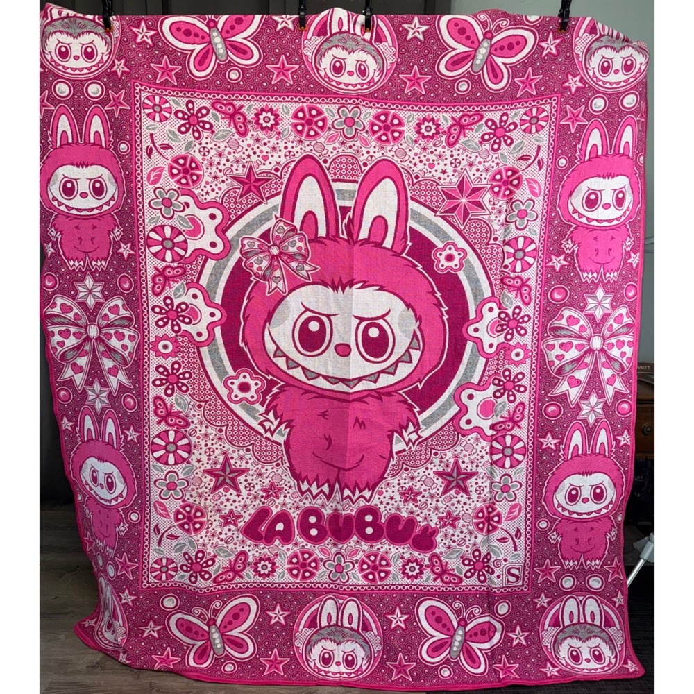Labubu Queen Size Mexican Blanket Pink White Woven Monster Girl Throw Tapestry